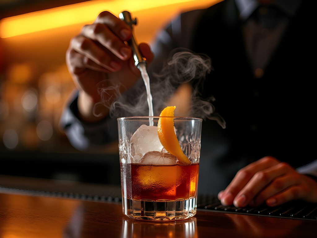 Sophisticated craft cocktail being prepared at an upscale Houston bar