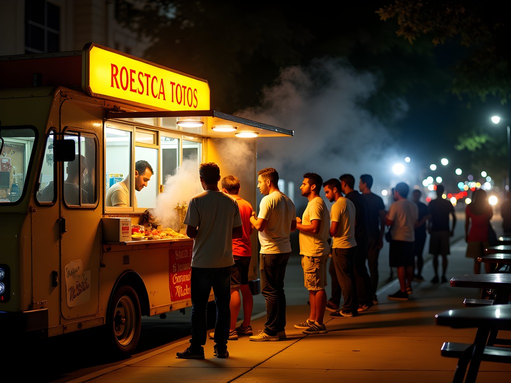 Busy taco truck serving customers late at night in Houston