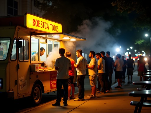 Busy taco truck serving customers late at night in Houston
