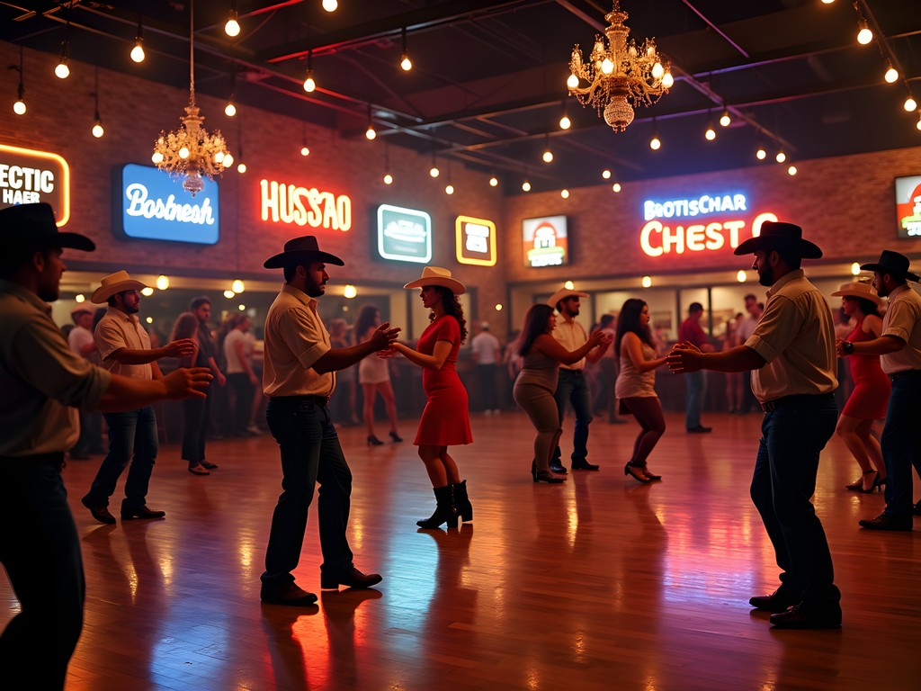 Couples two-stepping on a wooden dance floor at Wild West Houston