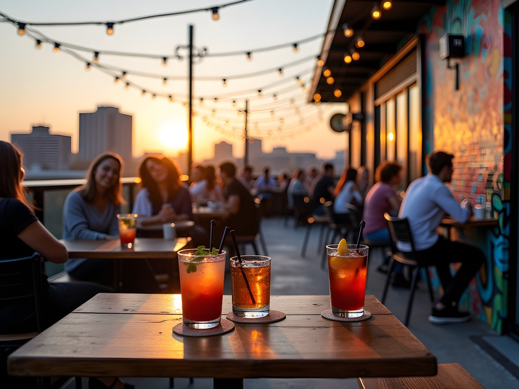 Rooftop bar scene in Fondren District Jackson Mississippi with string lights and cocktails