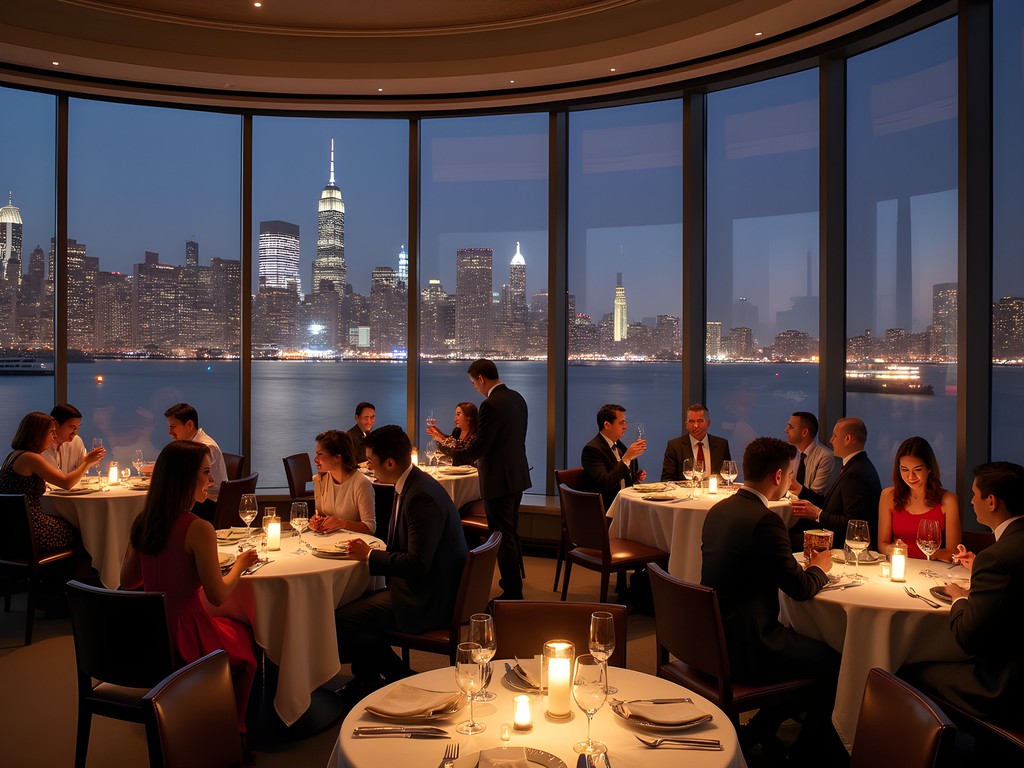 Elegant waterfront restaurant in Jersey City with nighttime Manhattan skyline views