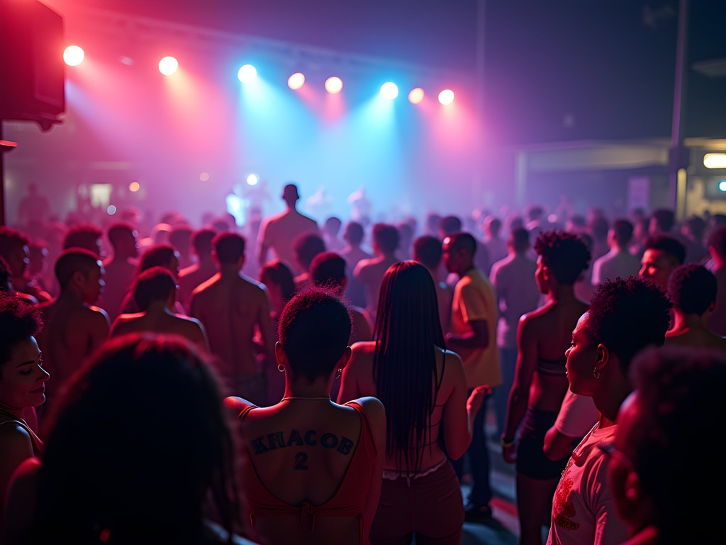 Energetic crowd at Kingston dancehall event with colorful lighting