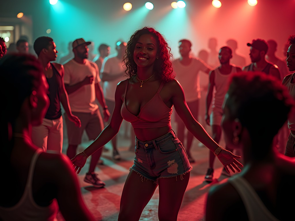 Visitor learning dancehall moves from local dancers in Kingston