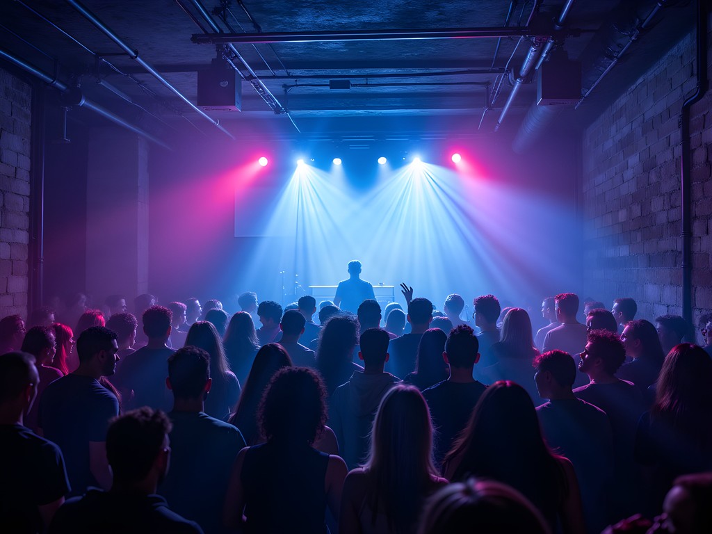Energetic underground techno club scene in Krakow with laser lights