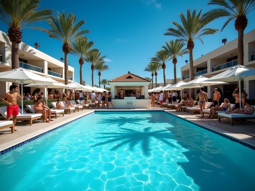 Vibrant daytime pool party at Ayu Dayclub in Las Vegas with DJ and crowd