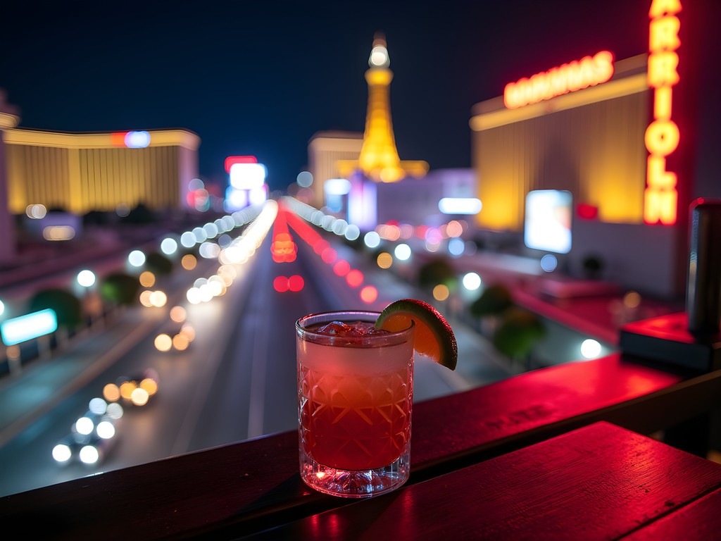 Nighttime view from Commonwealth rooftop bar in Fremont East, Las Vegas