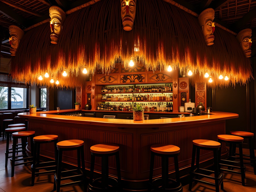 Atmospheric interior of Golden Tiki bar in Las Vegas Chinatown with tropical decor