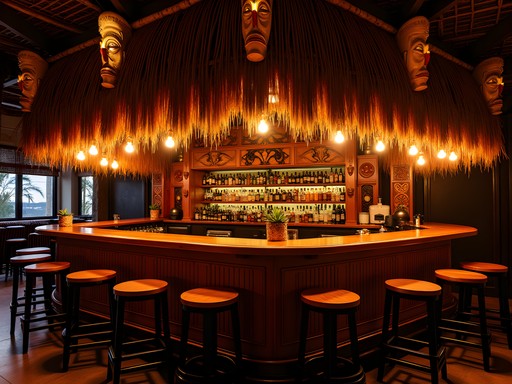 Atmospheric interior of Golden Tiki bar in Las Vegas Chinatown with tropical decor
