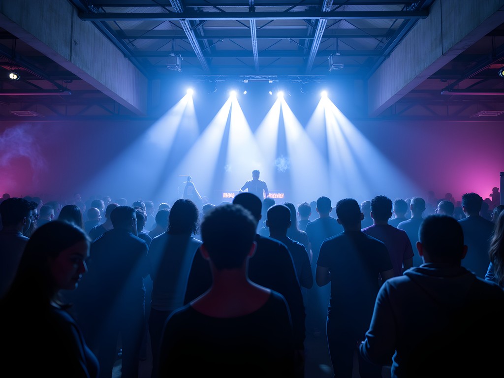 Atmospheric warehouse electronic music event in Las Vegas with laser lighting