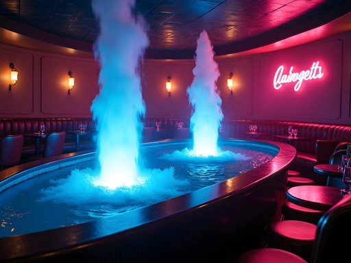 Atmospheric late-night lounge scene in Las Vegas with fire feature