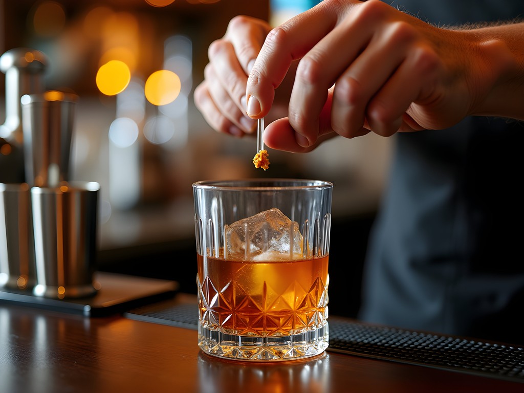Artisanal cocktail being prepared at Tannin bar in Lenexa with bartender adding garnish