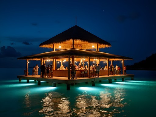 Cloud 9 floating platform in Fiji's Mamanuca Islands illuminated at night