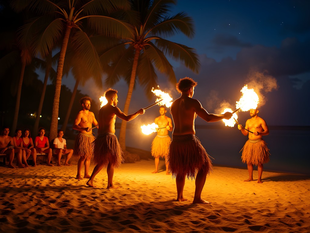 Traditional Fijian meke fire dance performance at night in Mamanuca Islands