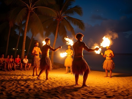 Traditional Fijian meke fire dance performance at night in Mamanuca Islands