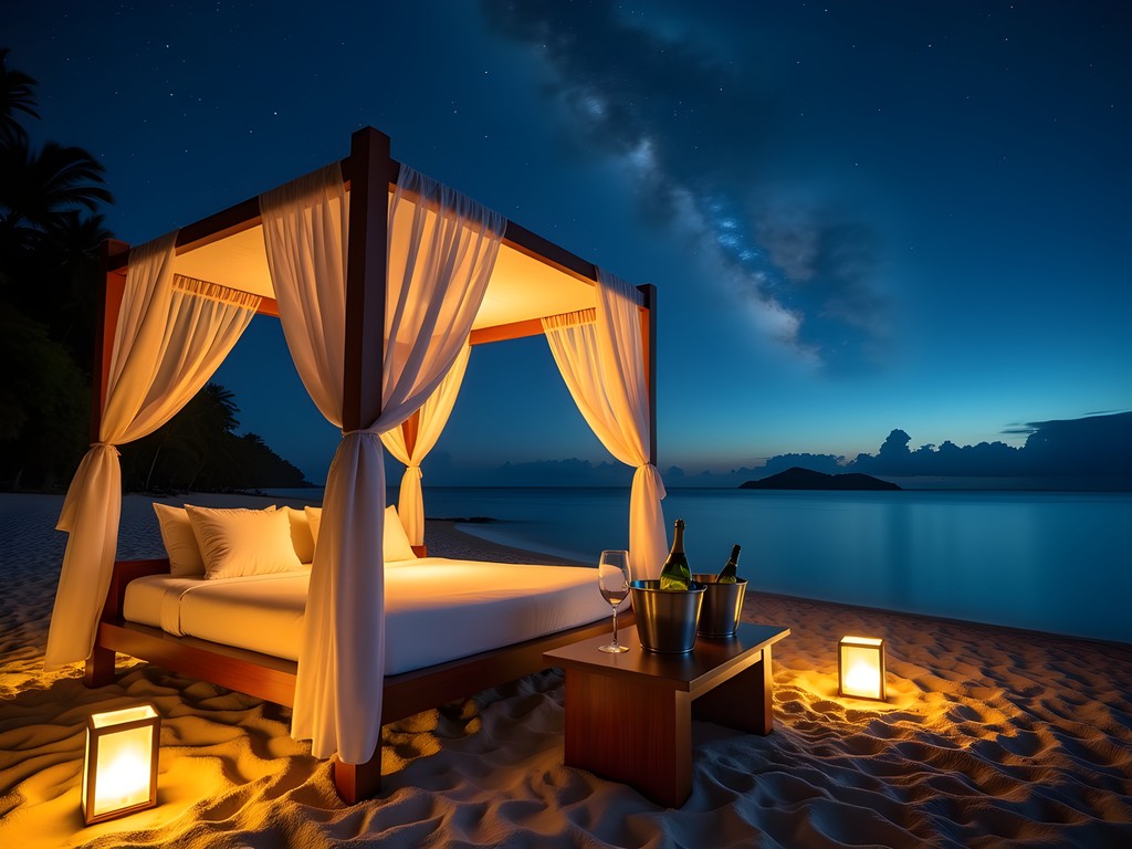 Luxury private beach dinner setup under stars in Mamanuca Islands