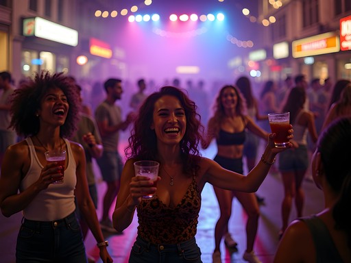Diverse crowd dancing and enjoying live music on Beale Street Memphis