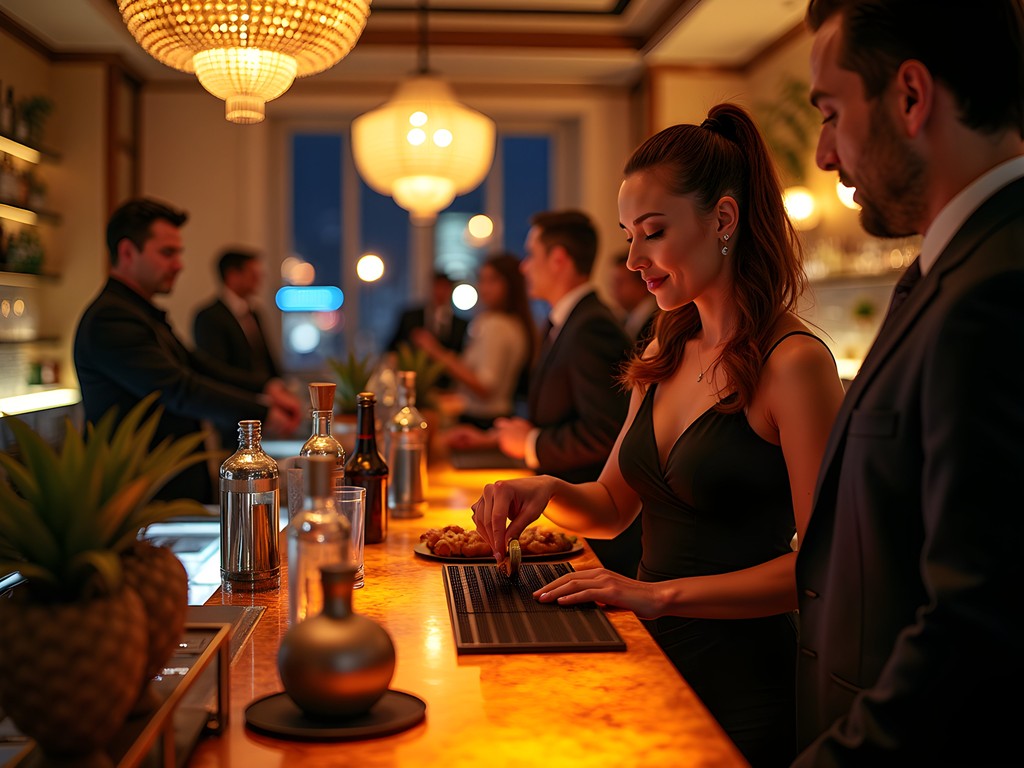 Elegant hotel bar in Mexico City with female bartender preparing craft cocktails