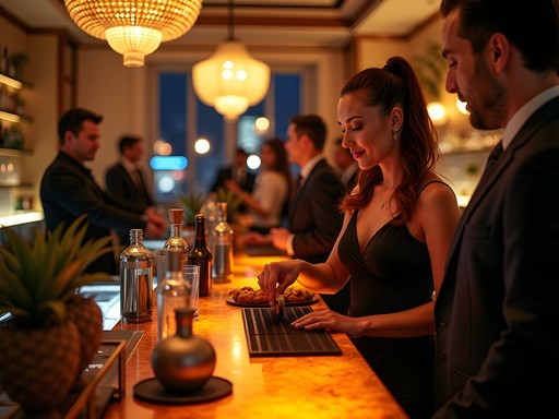 Elegant hotel bar in Mexico City with female bartender preparing craft cocktails