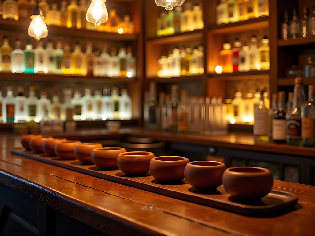 Atmospheric mezcaleria in Mexico City with traditional clay copitas and candles
