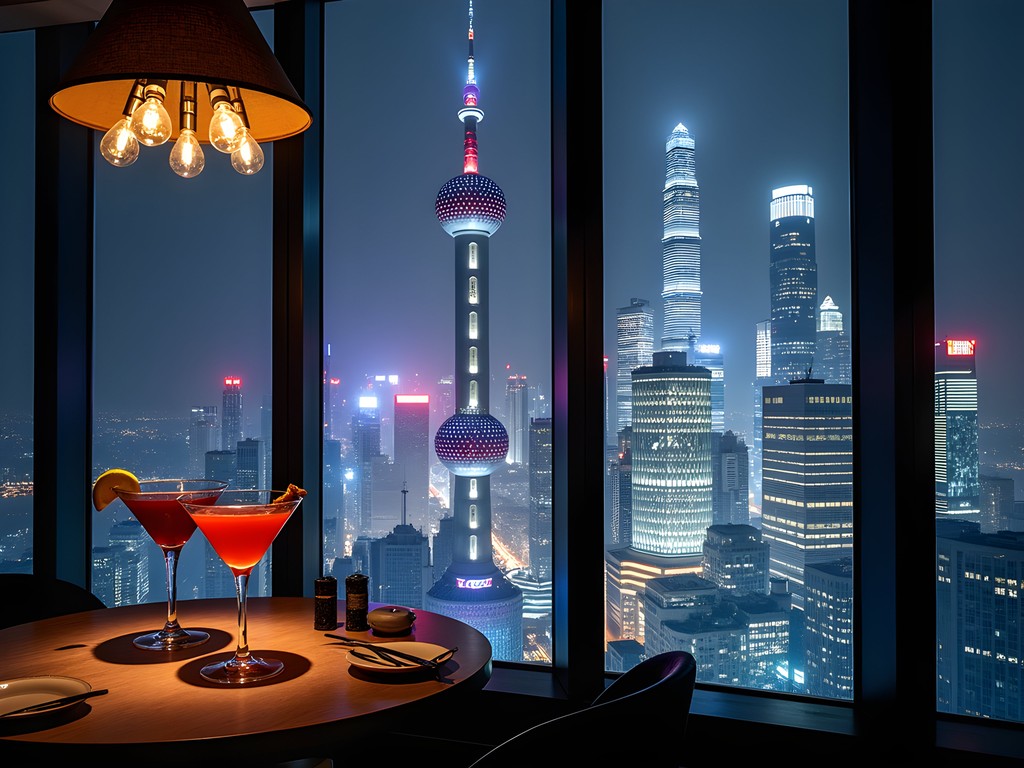 Nighttime view from Cloud 9 bar in Shanghai with snow flurries visible against illuminated skyscrapers
