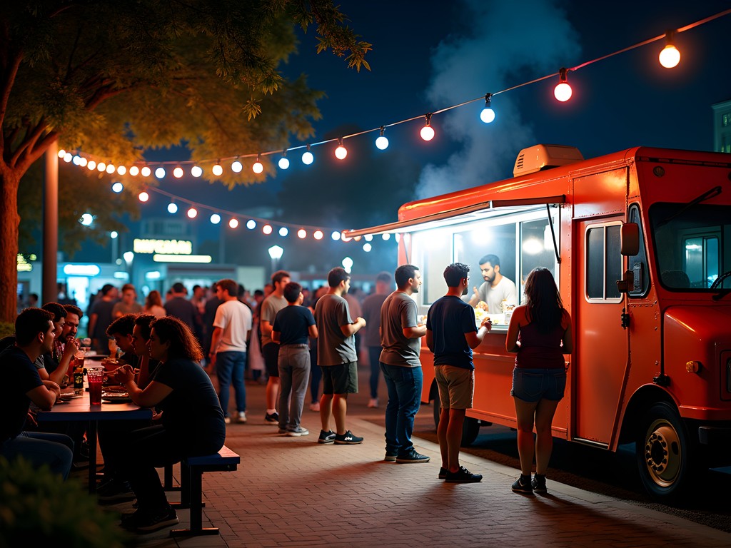 Vibrant food truck scene in Monroe at night with customers enjoying late-night eats