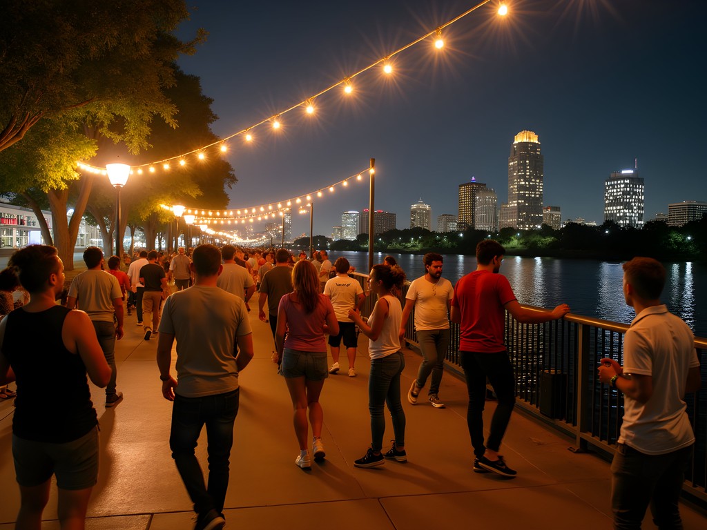 Spontaneous dance gathering along Monroe's riverwalk at night with city lights reflecting on water