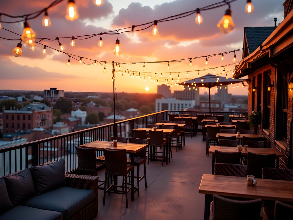 Sunset view from Montgomery rooftop bar overlooking historic downtown