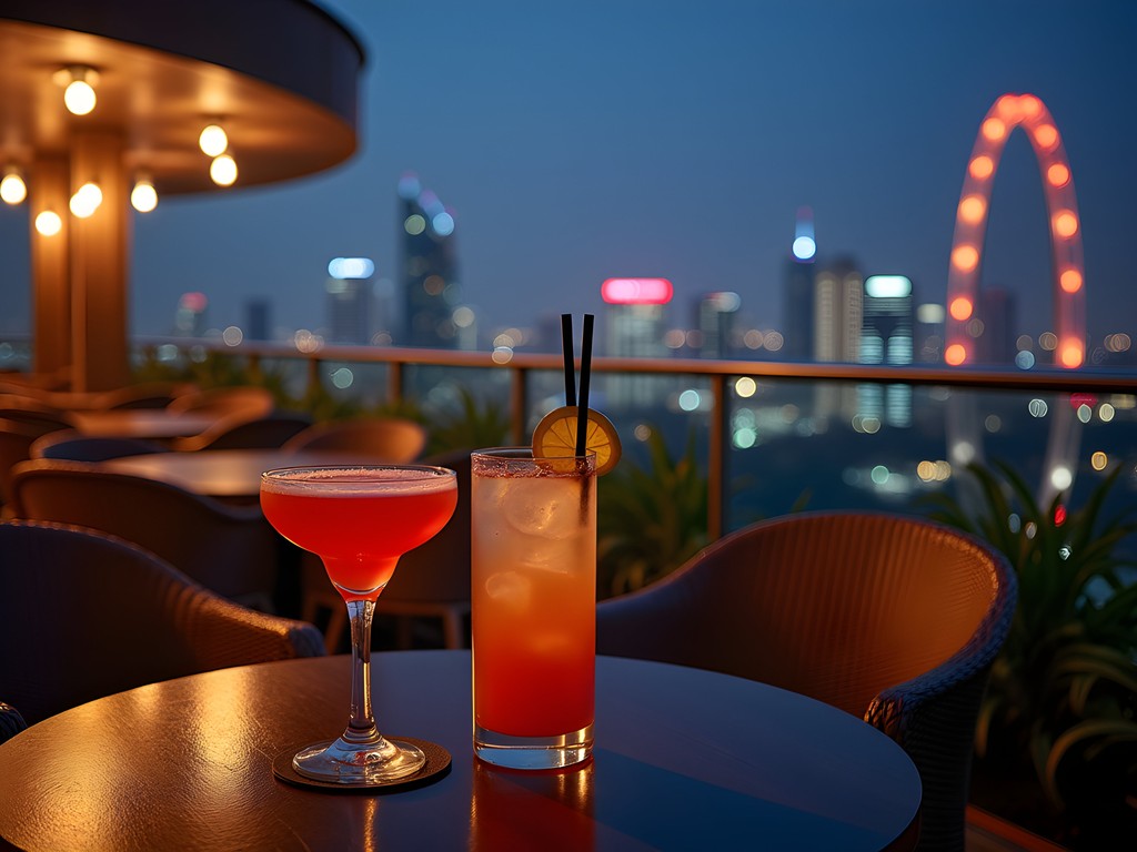Panoramic sunset view from Aer rooftop bar in Mumbai with colorful cocktails in foreground