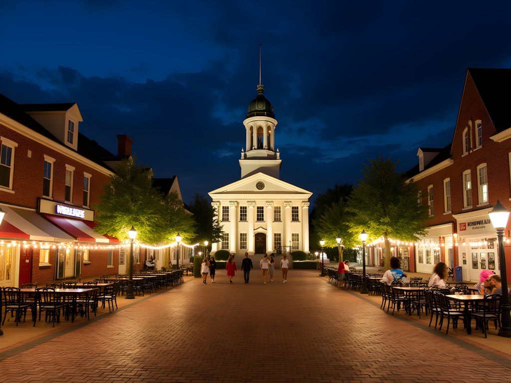 Murfreesboro historic downtown square illuminated at night with busy bars and restaurants