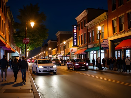 Nighttime street scene in downtown Murfreesboro with rideshares and students walking between venues
