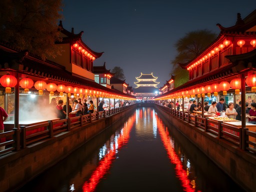 Colorful lantern-lit Confucius Temple night market in Nanjing with food stalls and crowds