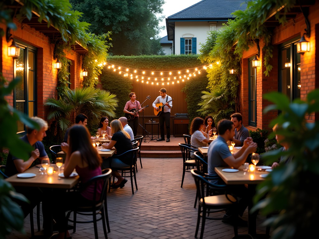 Romantic courtyard garden at Bacchanal Wine Shop with live music and string lights in New Orleans