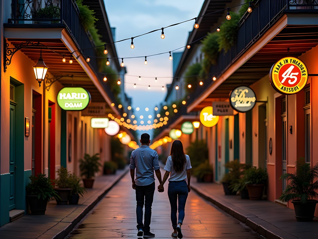 Couples walking along Frenchmen Street in New Orleans at dusk with music venues and string lights