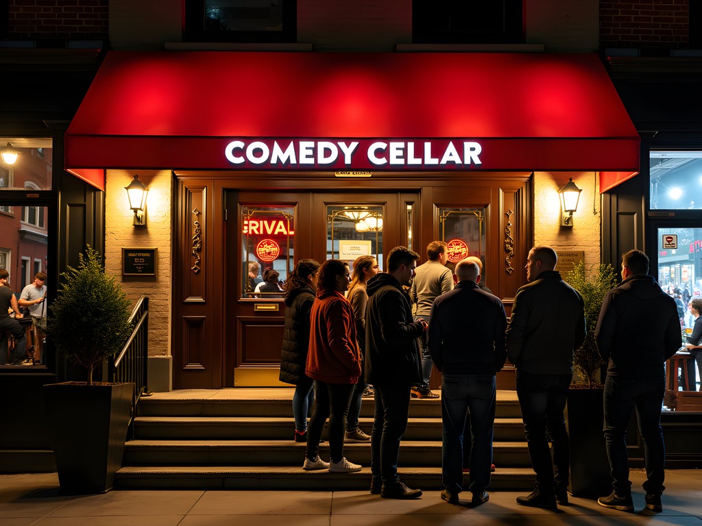 Iconic Comedy Cellar exterior at night with red awning and line of patrons