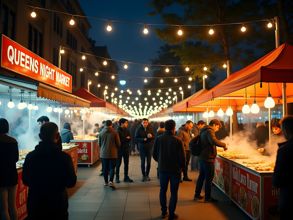 Vibrant Queens Night Market with diverse food stalls and customers