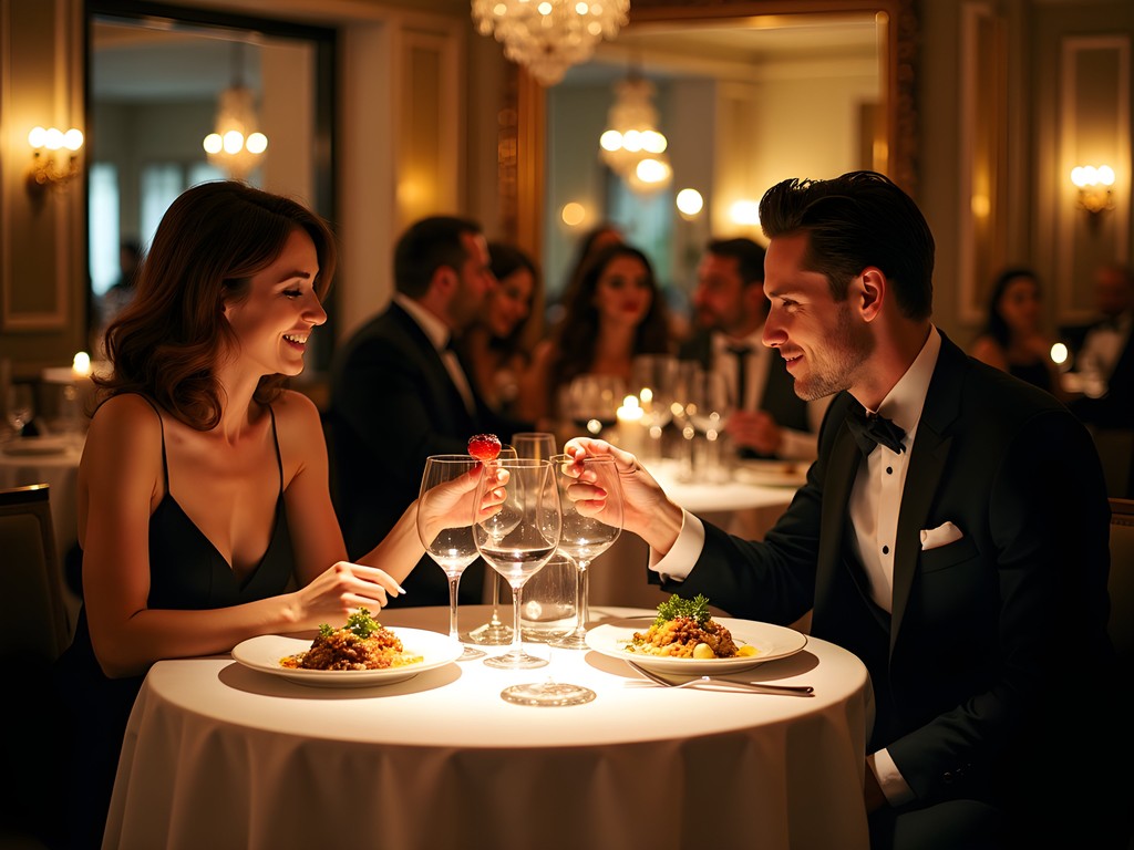 Elegant couple enjoying late-night dining at upscale NYC restaurant