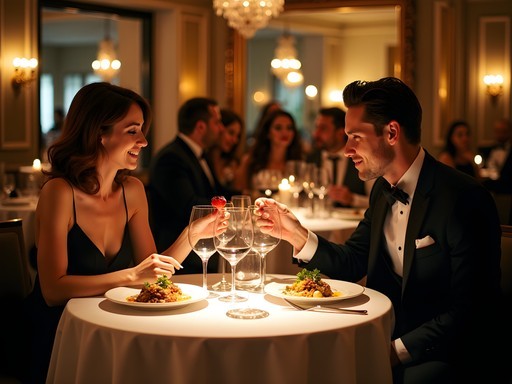 Elegant couple enjoying late-night dining at upscale NYC restaurant
