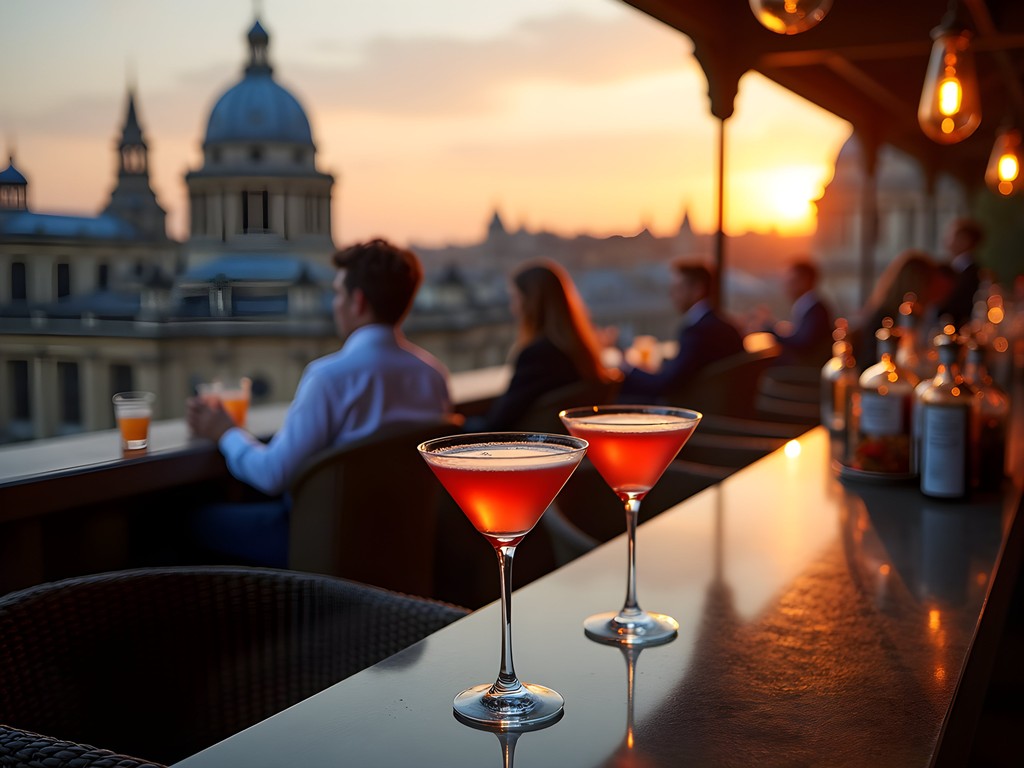 Sophisticated rooftop cocktail bar in Oxford with panoramic views of historic spires at sunset