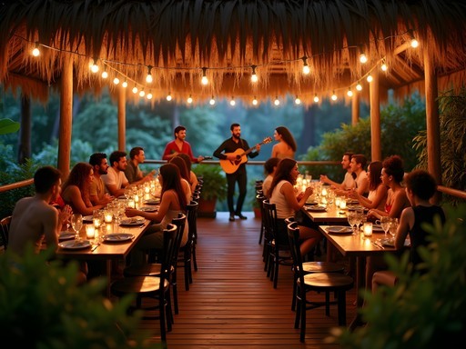 Candlelit open-air restaurant in the jungle with musicians playing and diverse travelers gathered around tables