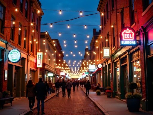 Bustling nightlife street scene in Pawtucket's Circuit district with venues and pedestrians