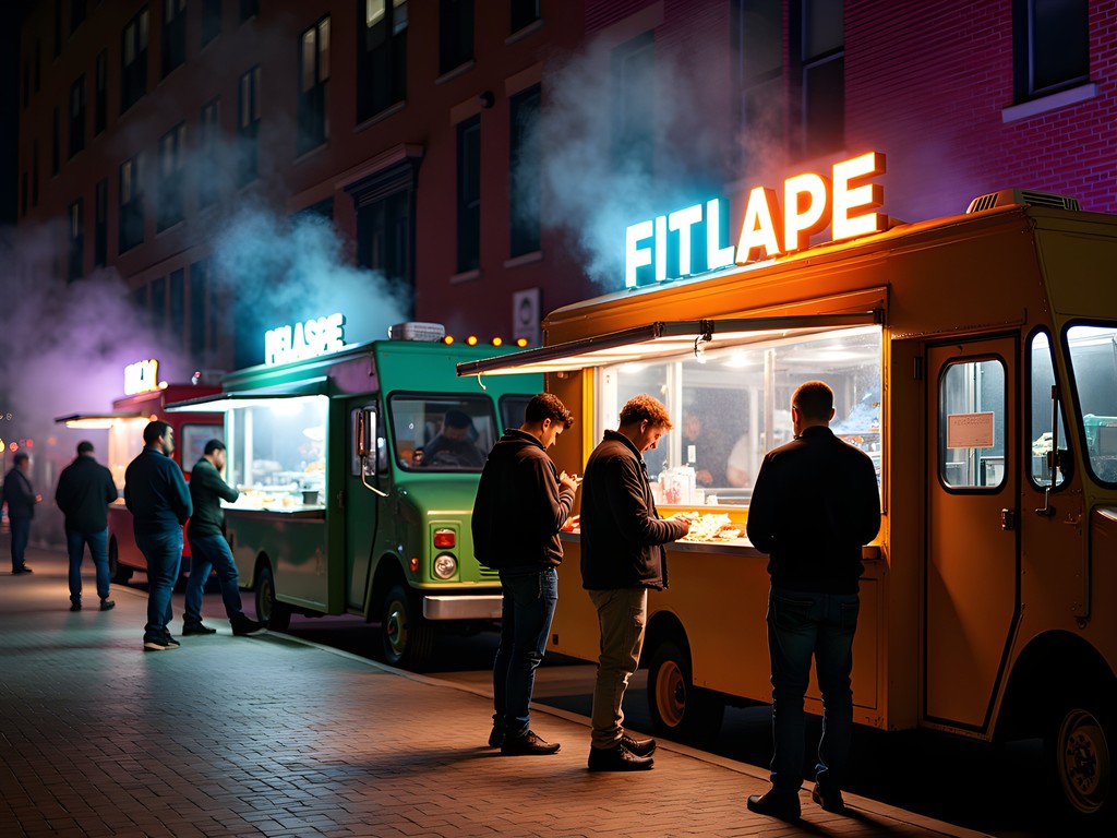 Late-night food scene in Pawtucket with illuminated food trucks and customers