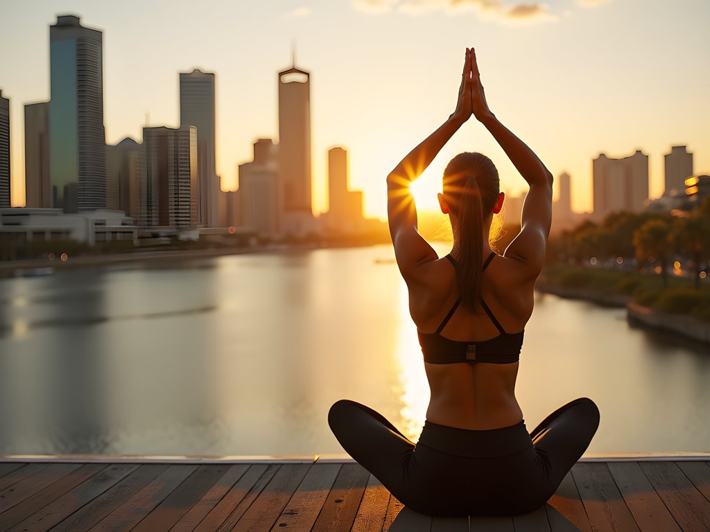 Morning yoga practice overlooking Perth's Swan River with city skyline