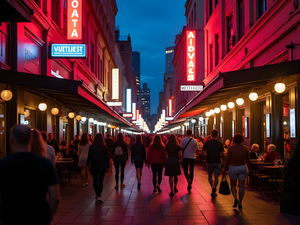 Vibrant street scene in Northbridge Perth with neon signs and diverse crowd