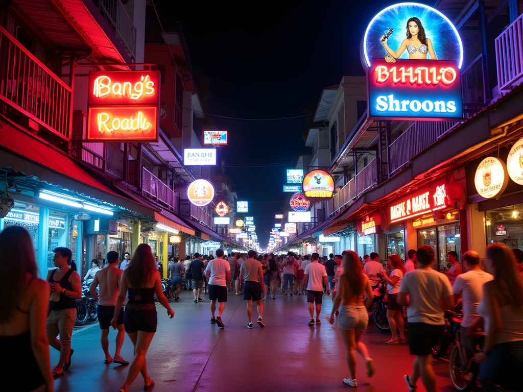 Bustling Bangla Road at night with neon lights and crowds in Patong, Phuket