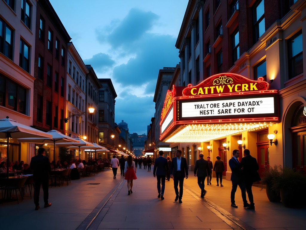 Illuminated historic theaters and restaurants in Pittsburgh's Cultural District at dusk