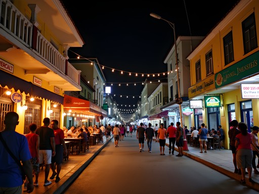 Ariapita Avenue in Port of Spain at night with illuminated bars and restaurants
