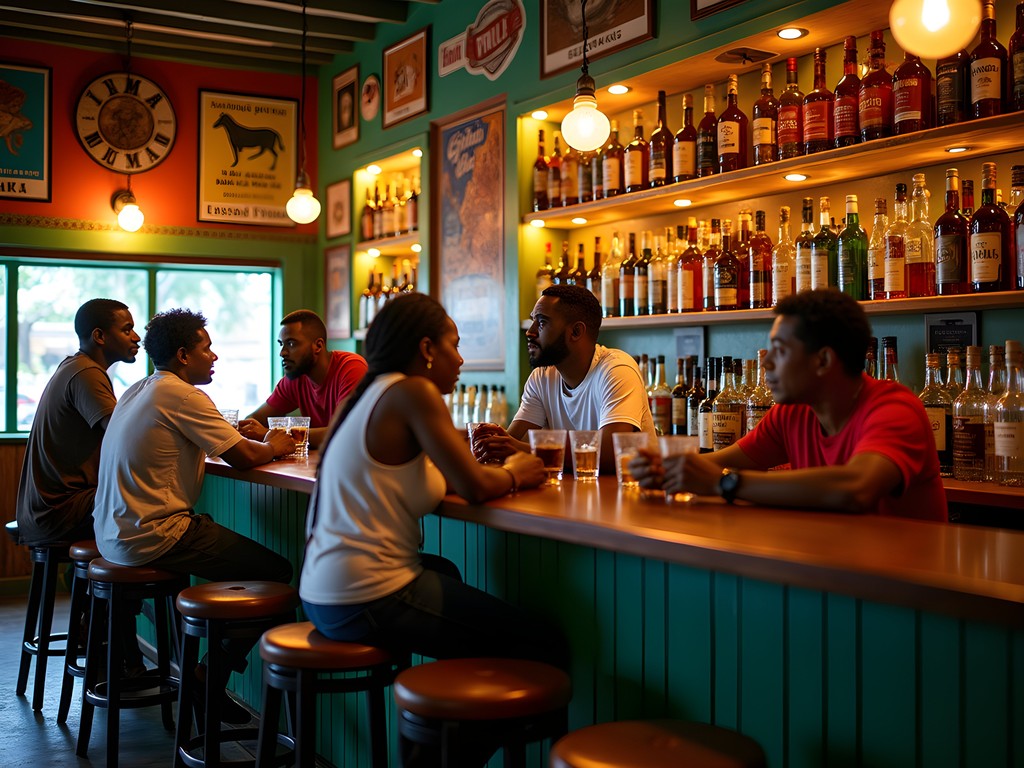 Authentic local rum bar in Port of Spain with colorful decor and friendly atmosphere