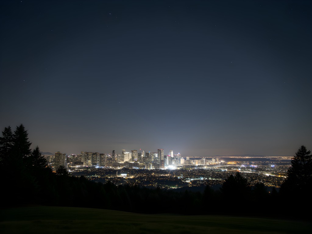 Night view of Portland skyline from Mt. Tabor Park with stars visible