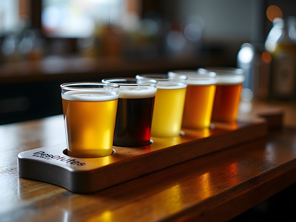 Wooden flight board with six craft beer samples at Deschutes Brewery Portland